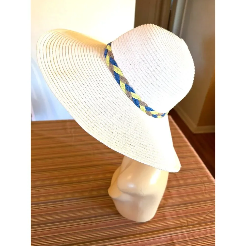 White Extra Wide Brim Floppy Hat Multicolor Hat Band 23